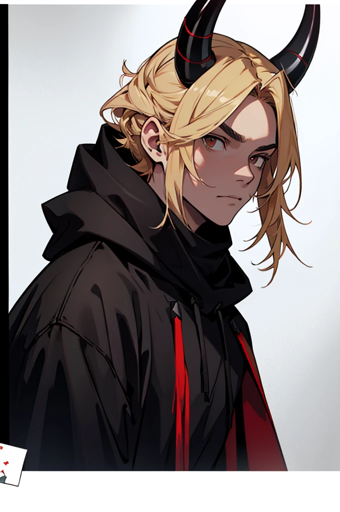 Teenager, small red horns, black eyes, imposing face, blond hair, with black cloak with hood on his head