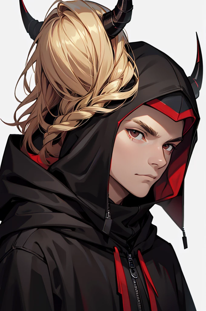 Teenager, small red horns, black eyes, imposing face, blond hair, with black cloak with hood on his head