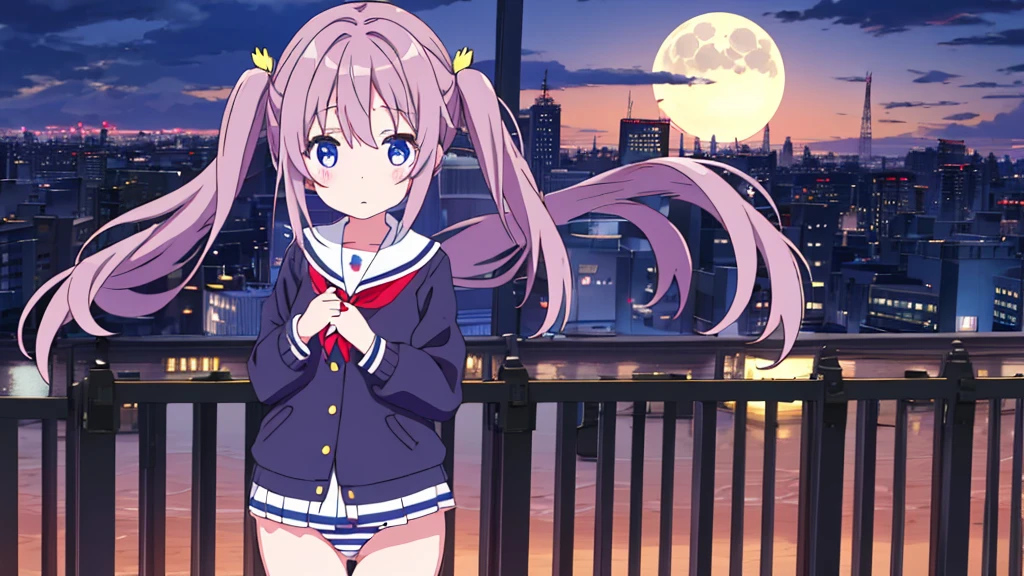 Shinjuku skyscraper district full moon night Big Moon primary school girl 8 years flat chest black fur wide The eyes are purple. ((1 person)) Cardigan over long sleeve white sailor uniform. Navy blue full body show panties lower body