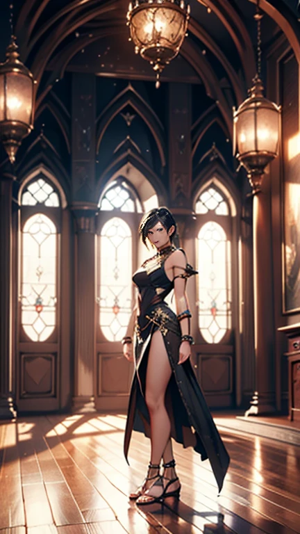 There is a large room with a staircase and a circular staircase, Futuristic Persian Palace, cgsociety Unreal Engine, An exquisitely designed throne room, Unreal Engine Rendering, Unreal Engine 5 : :, Futuristic Palace, Rendering with Lumion, Unreal Engine HD Rendering, Unreal Engine Rendering saint seiya, Rendering with Lumion pro, Unreal Engine 5 render, Unreal Engine 5 » 、24 year old Persian woman、Oriental atmosphere、Sexy proportions、Persian style clothing、Sandals、smile、Accessories on your wrist、Anklet on the ankle
