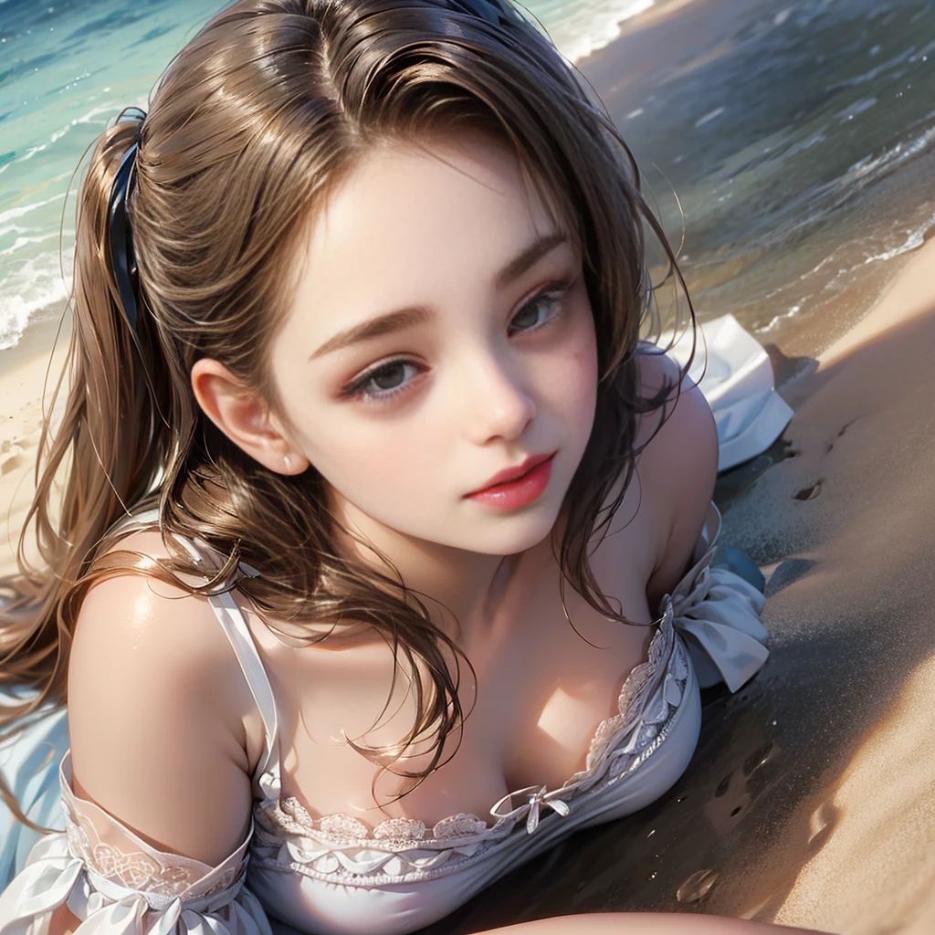 ((Girl lying on sandy beach))、(One Girl)、(absurderes、hight resolution、Ultra-detail)、Close-up of face、Face Enhancement、Face focus、diagonal、Depth of written boundary、One person's perspective、F/1.8、135mm、Canon、Full Body Shot、(Golden White Long Hair Straight)、Shiny and beautiful hair、Beautiful Skin、Luscious Skin、Beautiful Eyes、With bangs、Off the shoulder、Eyes are highlighted、Unbroken hands、Rich lighting、Big voluptuous breasts、Pale pink lips、Soft lips、(Slightly open mouth)、High Definition CG8k Wallpapers、Featured Details、 Portrait、sight、(solo)、 Fine face、 A little smile、Dynamic Pose、 Gray Hair、 Silver Hair、 (blue sky、White clouds flowing)、 ((Pink Bikini))、