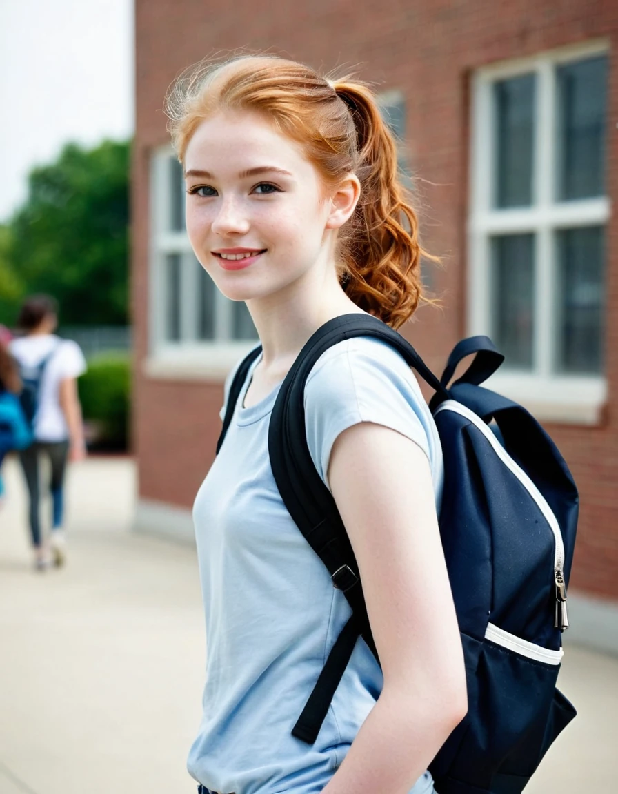 photography full body portrait of very beautiful realistic girl, 15-years-old, standing in front of a high school, carrying backpack, wear fancy , porcelain skin, very fair skin, very pale skin, redhead, wavy, ponytail, detail skin texture, hazel eyes, slanted eyes, small nose, small nostril, think curved eyebrow, thick bottom lip, seductive gaze, happy face, unique face, detail photo, realistic photo, master piece picture, sharp picture, outdoor clear daylight