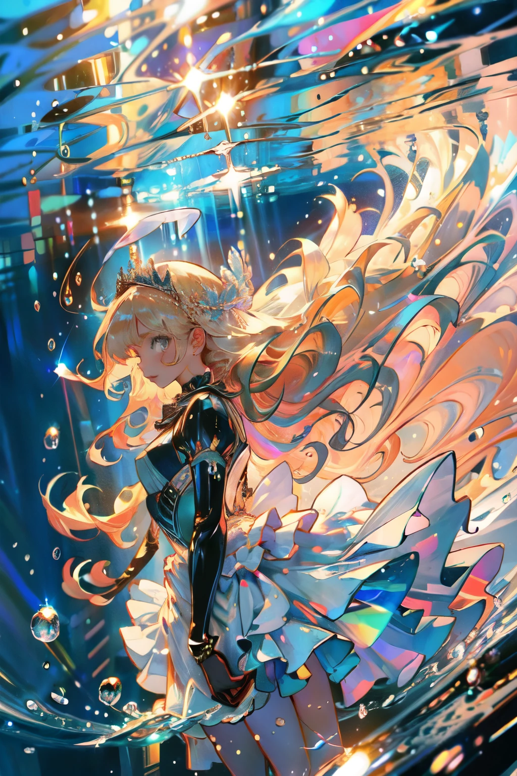 ((best qualityer)), ((work of art)), (detailded), garota caindo no ocean, 8k  ultra, long shiny blonde hair, victorian dress, caindo no ocean, under water, bubles, falling into the water, ocean