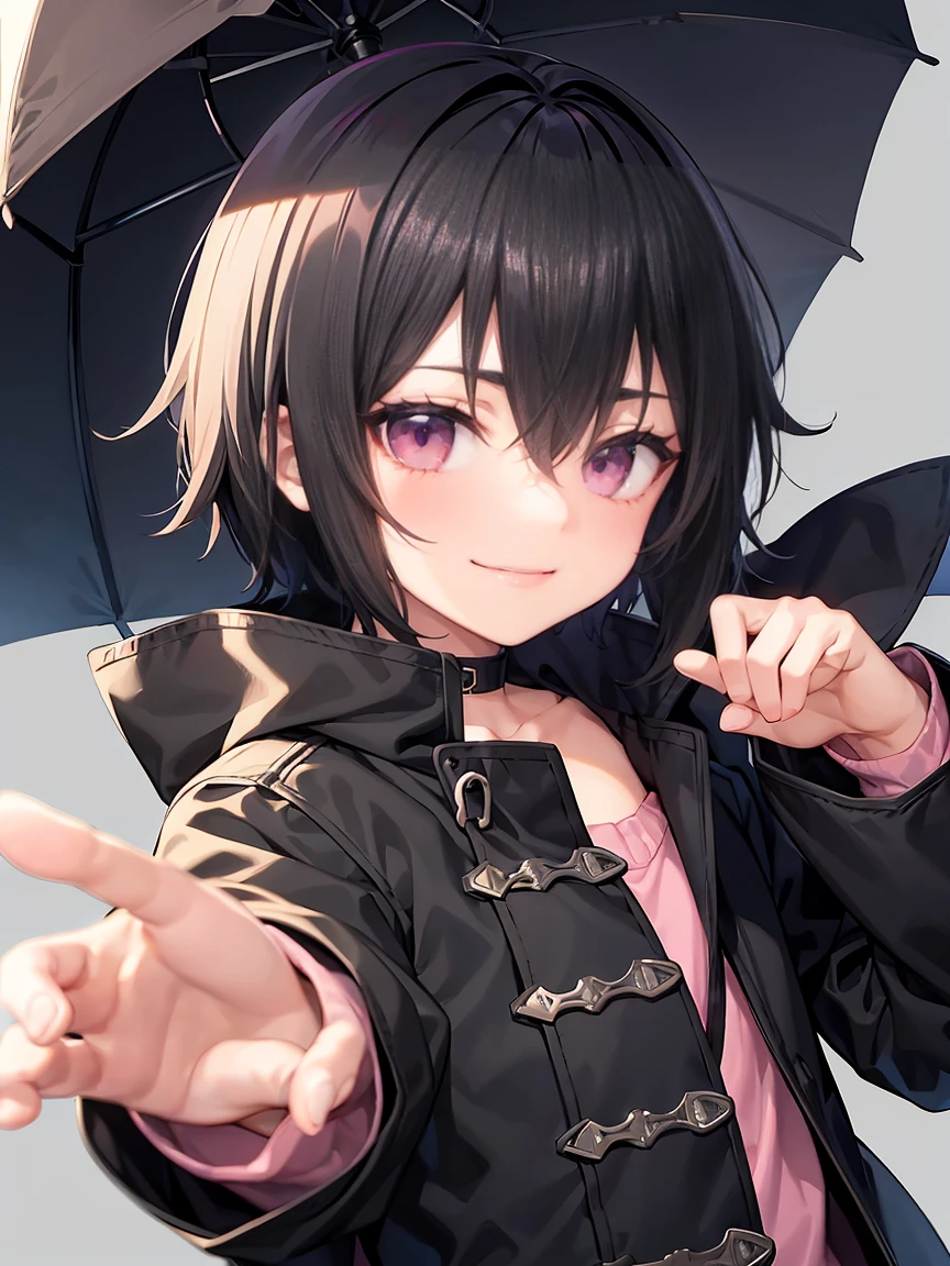 Short black hair、Pink eyes、Shota、male:1.5、solo、jet black duffle coat、Black clothing、Wicked Smile、Black trousers