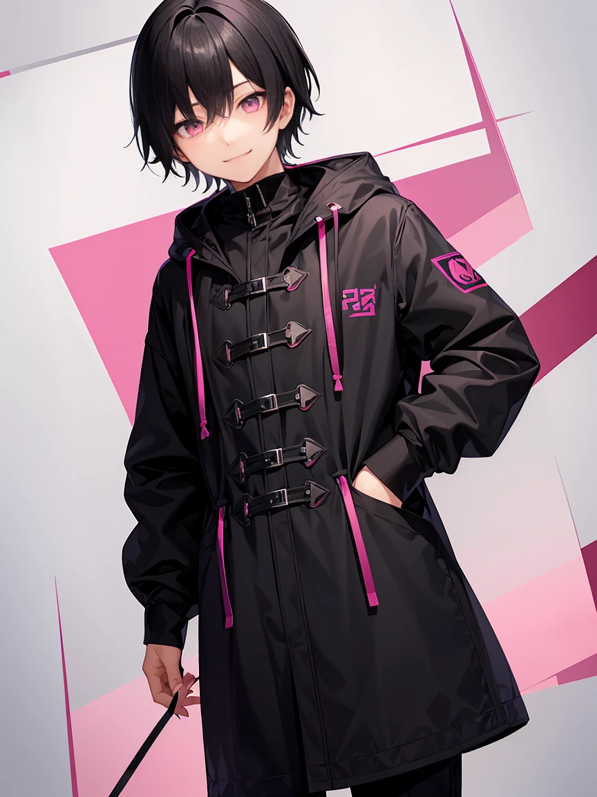 Short black hair、Pink eyes、Shota、male:1.5、solo、jet black duffle coat、Black clothing、Wicked Smile、Black trousers