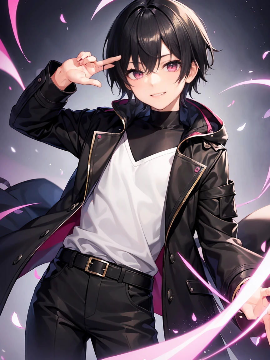 Short black hair、Pink eyes、Shota、male:1.5、solo、jet black duffle coat、Black clothing、Wicked Smile、Black trousers