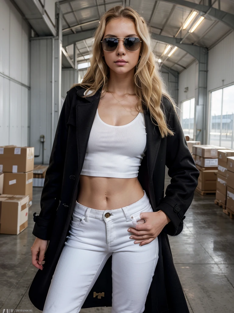 8k, RAW photo, best quality, ultra high resolution, photorealistic, realistic photo of skinny blonde girl model coming uot of an airplane, (skinny blonde girl, 20 years old, most beautiful slavic girl in the world, slim face, blonde hair, wavy hair), in the big warehouse, industrial warehouse, white interior, white neon lamps, bright light, ((airplane)), (full body picture), standing posing for picture sexy pose, (wearing: (black overcoat, white top, white jeans, sun glases)), ((looking at viewer), fierce look, seductive, High Detail, Sharp focus, bright light