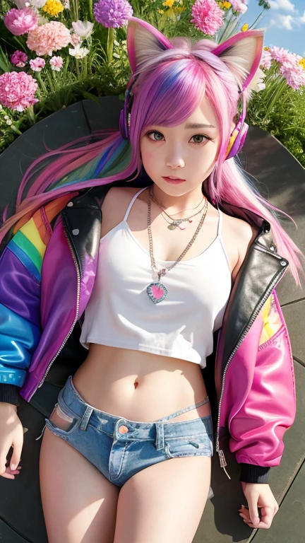 Flowers、Rainbow Hair、Headphones、Cat ear、Seven-colored hair、leather jacket,Flowers and sky background、Young Face、Huge 、ponytail、Round 1、necklace、jewelry、Tank top、whole body、Between the legs