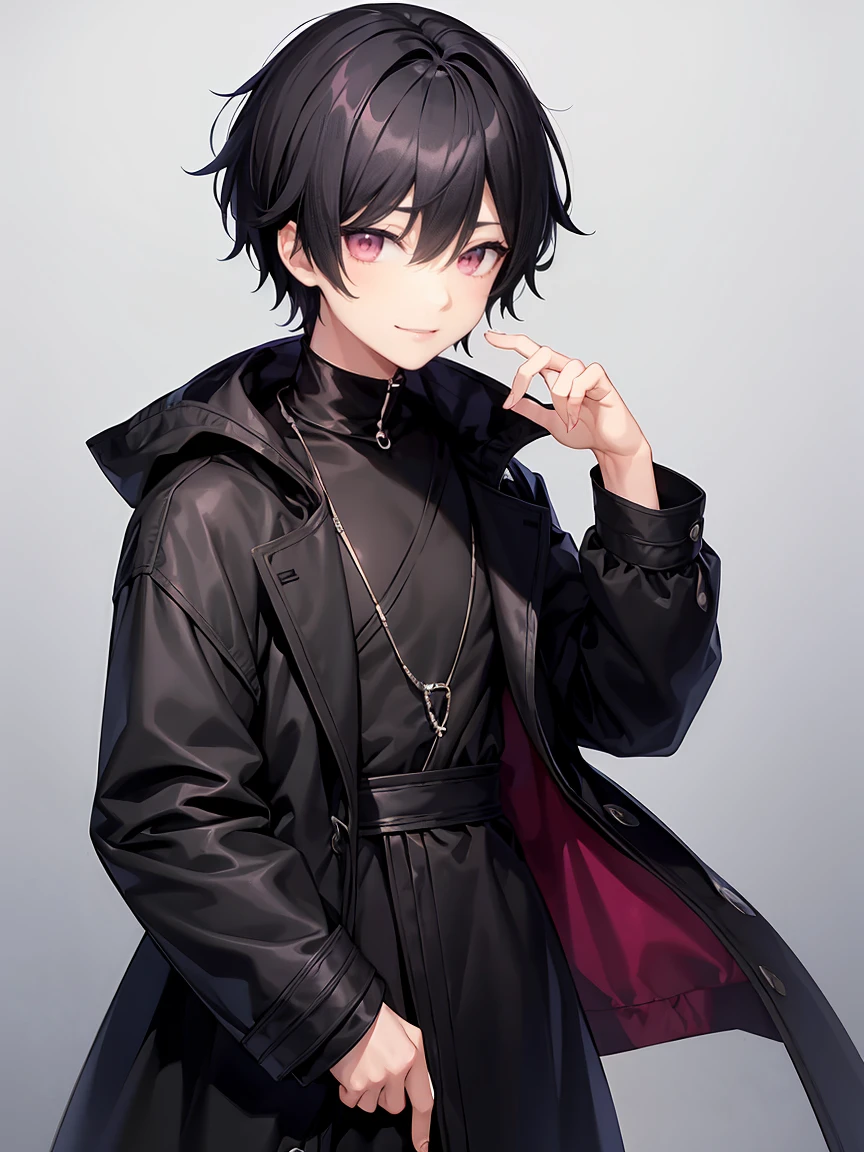 Short black hair、Pink eyes、Shota、male:1.5、solo、jet black duffle coat、Black clothing、Wicked Smile、Black trousers