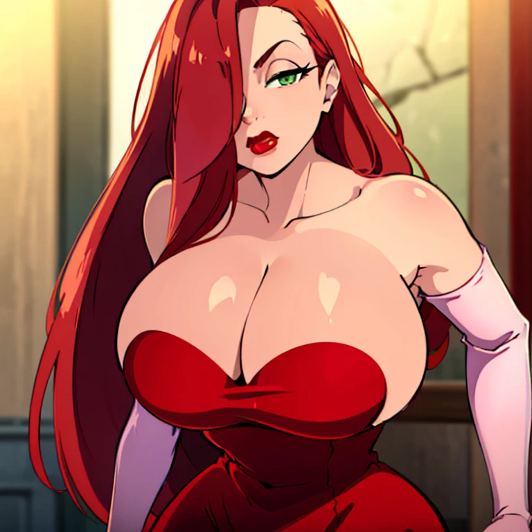 JessicaWaifu, Massive , elbow gloves, green eyes), Massive and Deep cleavage, red lips, (strapless dress) (red hair) (red dress), ((She has a mature figure, her cleavage is Massive and Deep)) b