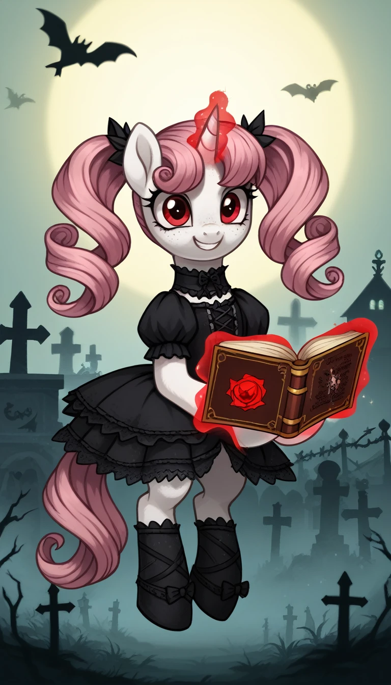 score_9,score_8_up,score_7_up,score_6_up, filly, unicorn, white fur, curly blonde and pink hair, twintails, freckles, red eyes, Gothic pony, lolita fashion, glowing backlight, fashion show, graveyard scene, glitter, whimsical, enchanted, magical, fantasy art concept, intricate details, evil smile, floating, holding spell book, glowing horn,
