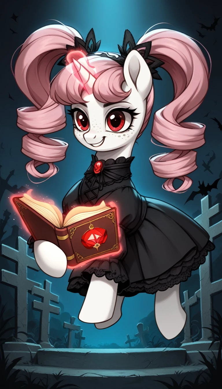 score_9,score_8_up,score_7_up,score_6_up, filly, unicorn, white fur, curly blonde and pink hair, twintails, freckles, red eyes, Gothic pony, lolita fashion, glowing backlight, fashion show, graveyard scene, glitter, whimsical, enchanted, magical, fantasy art concept, intricate details, evil smile, floating, holding spell book, glowing horn,
