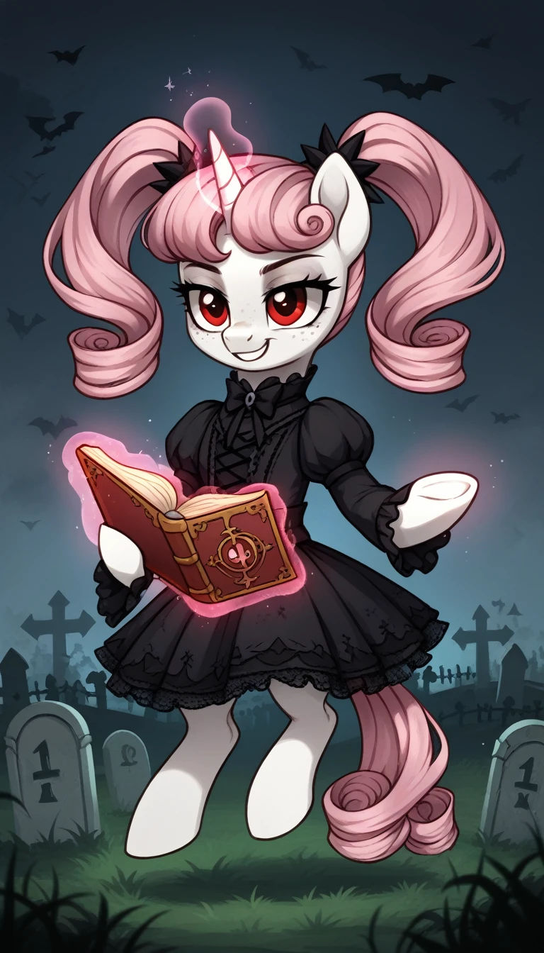 score_9,score_8_up,score_7_up,score_6_up, filly, unicorn, white fur, curly blonde and pink hair, twintails, freckles, red eyes, Gothic pony, lolita fashion, glowing backlight, fashion show, graveyard scene, glitter, whimsical, enchanted, magical, fantasy art concept, intricate details, evil smile, floating, holding spell book, glowing horn,