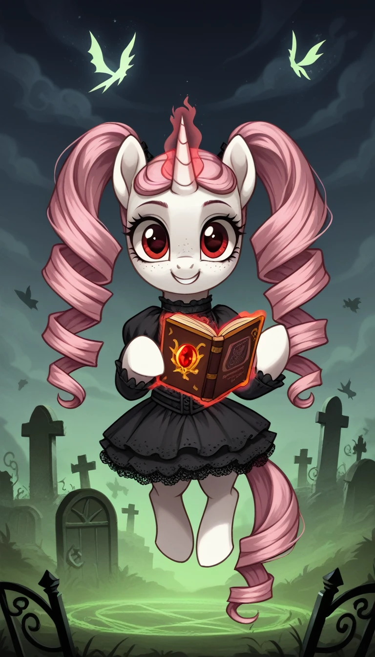 score_9,score_8_up,score_7_up,score_6_up, filly, unicorn, white fur, curly blonde and pink hair, twintails, freckles, red eyes, Gothic pony, lolita fashion, glowing backlight, fashion show, graveyard scene, glitter, whimsical, enchanted, magical, fantasy art concept, intricate details, evil smile, floating, holding spell book, glowing horn,