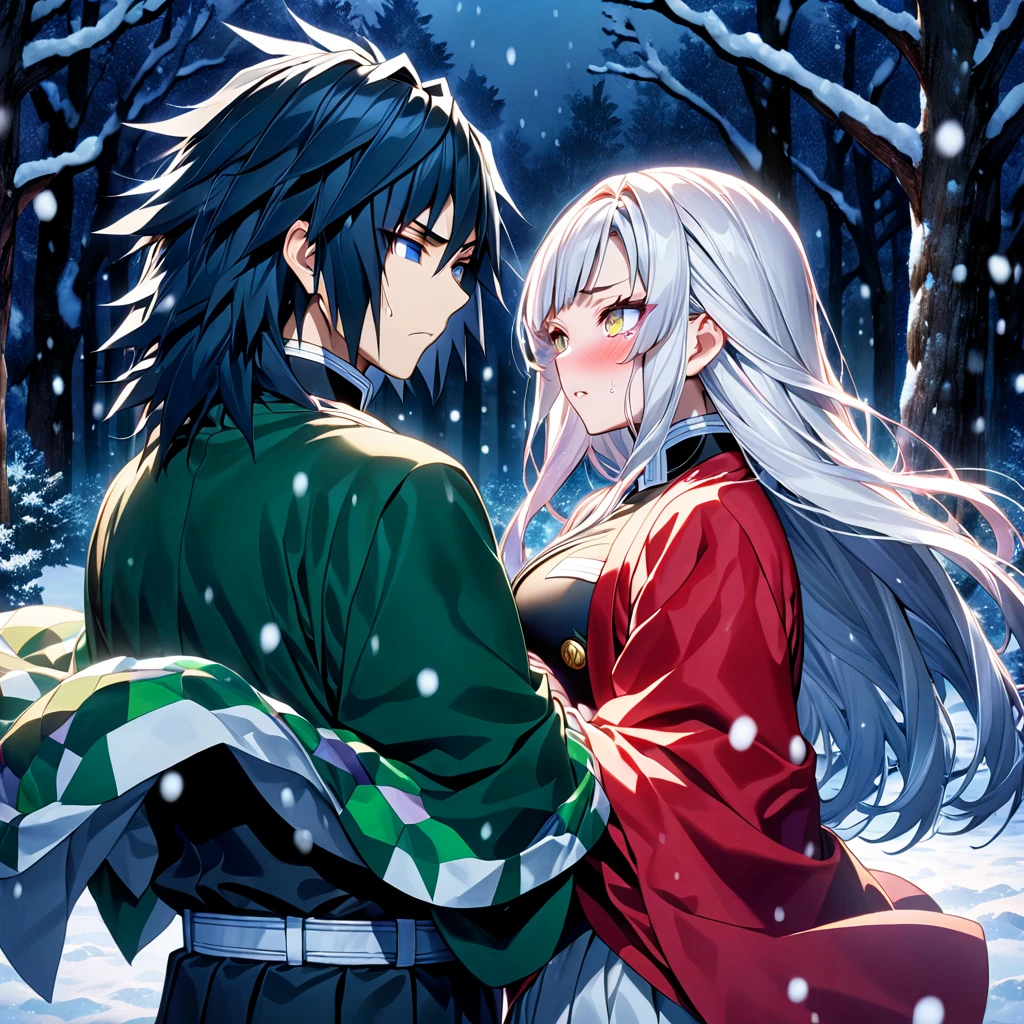 Ultra detailed, high resolution, absurd, HDR, masterpiece, anime girl and boy, beautiful woman (with long white hair with deep red streaks, woman (with yellow eyes), the woman (is wearing a red haori), long hair woman, in black demon slayer corps uniform, Kimetsu No Yaiba, fantasy, handsome, Tomioka Giyu, Hashira, Tomioka haori, Tomioka is serious and worried, couple, night, winter forest, snow, best quality, extremely detailed face, anime, the woman is really sad ,Tomioka is a strong man, the woman is angry, Tomioka Giyu is trying to confort the pretty woman, Tomioka is protecting his lover