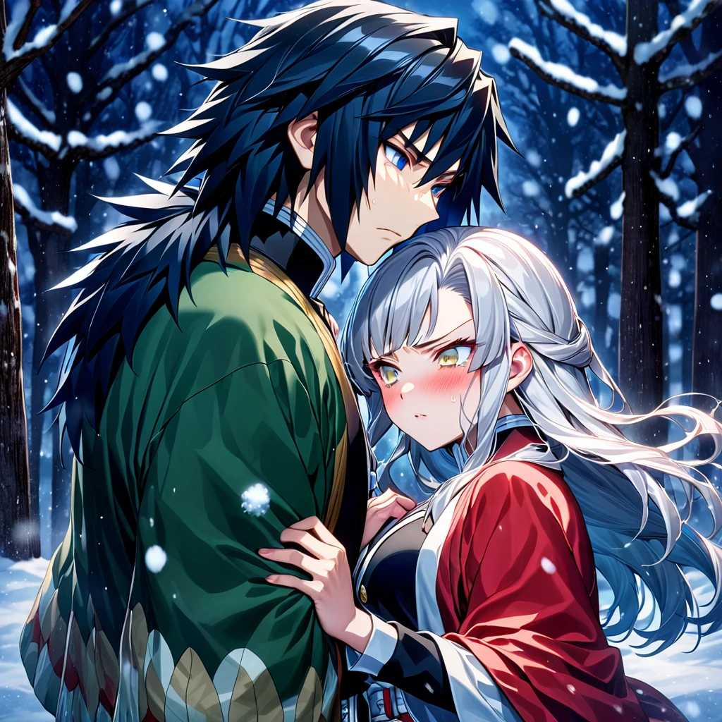 Ultra detailed, high resolution, absurd, HDR, masterpiece, anime girl and boy, beautiful woman (with long white hair with deep red streaks, woman (with yellow eyes), the woman (is wearing a red haori), long hair woman, in black demon slayer corps uniform, Kimetsu No Yaiba, fantasy, handsome, Tomioka Giyu, Hashira, Tomioka haori, Tomioka is serious and worried, couple, night, winter forest, snow, best quality, extremely detailed face, anime, the woman is really sad ,Tomioka is a strong man, the woman is angry, Tomioka Giyu is trying to confort the pretty woman, Tomioka is protecting his lover