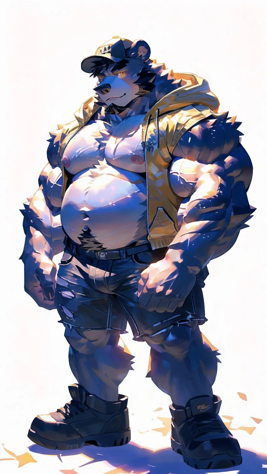 (masterpiece:1.2), best quality,pixiv,official art,perfect anatomy, (Ray tracing, light),solo, (1_male:1.3) , (muscle), (grey fur:1.4), (muscle bear), (beard:1.2), (gleaming golden eyes), bear tail, full body, Thick black eyebrows, baseball cap, (open short hoodie), (naked inside),Ripped short jeans, black short boots, (pure white background: 1.3), (muscle belly)