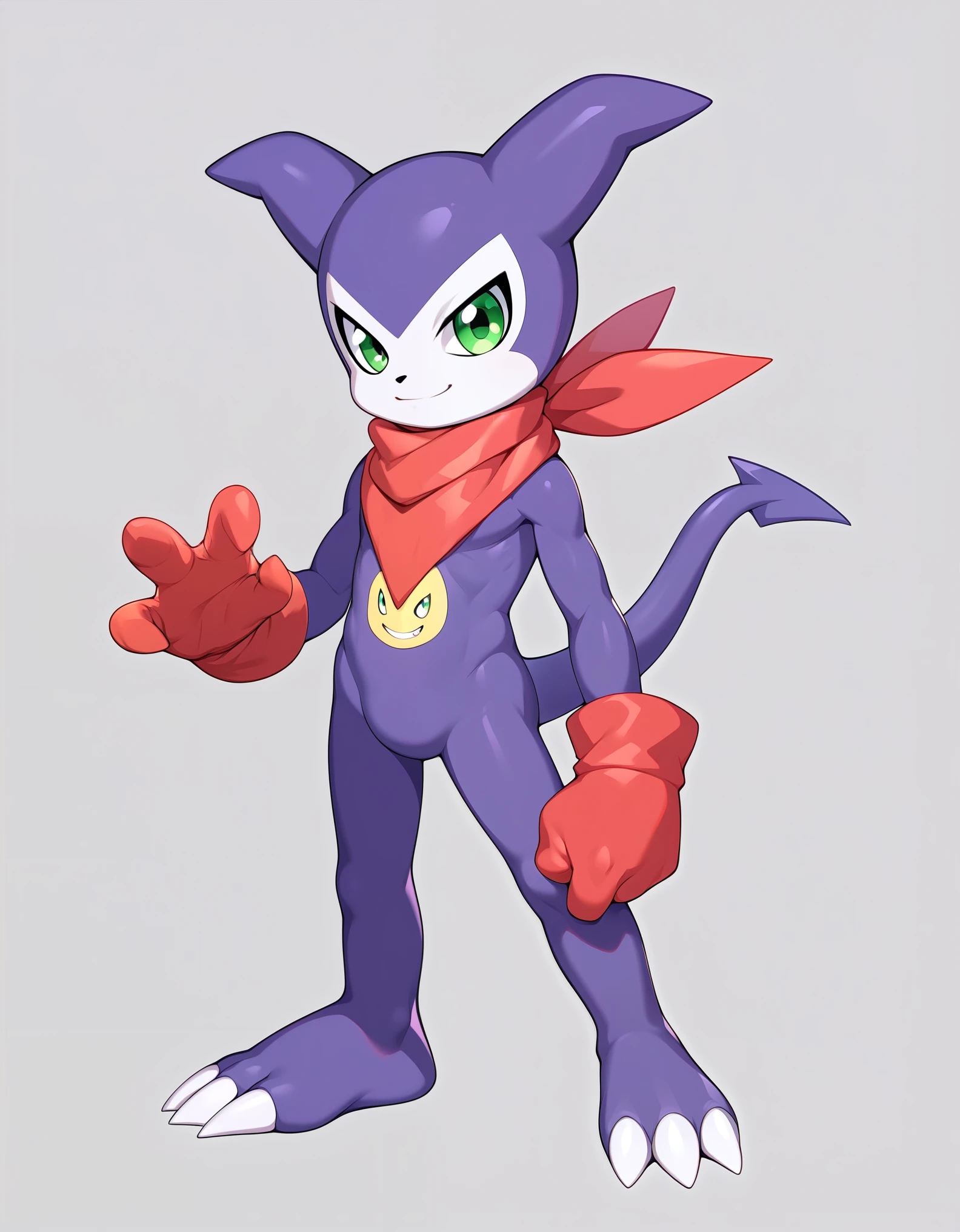 score_9, score_8_up, score_7_up, source_anime, impmon, 1boy, solo, digimon (creature), no humans, full view, green eyes, tail, gloves, claws, red gloves, scarf, standing, looking at viewer