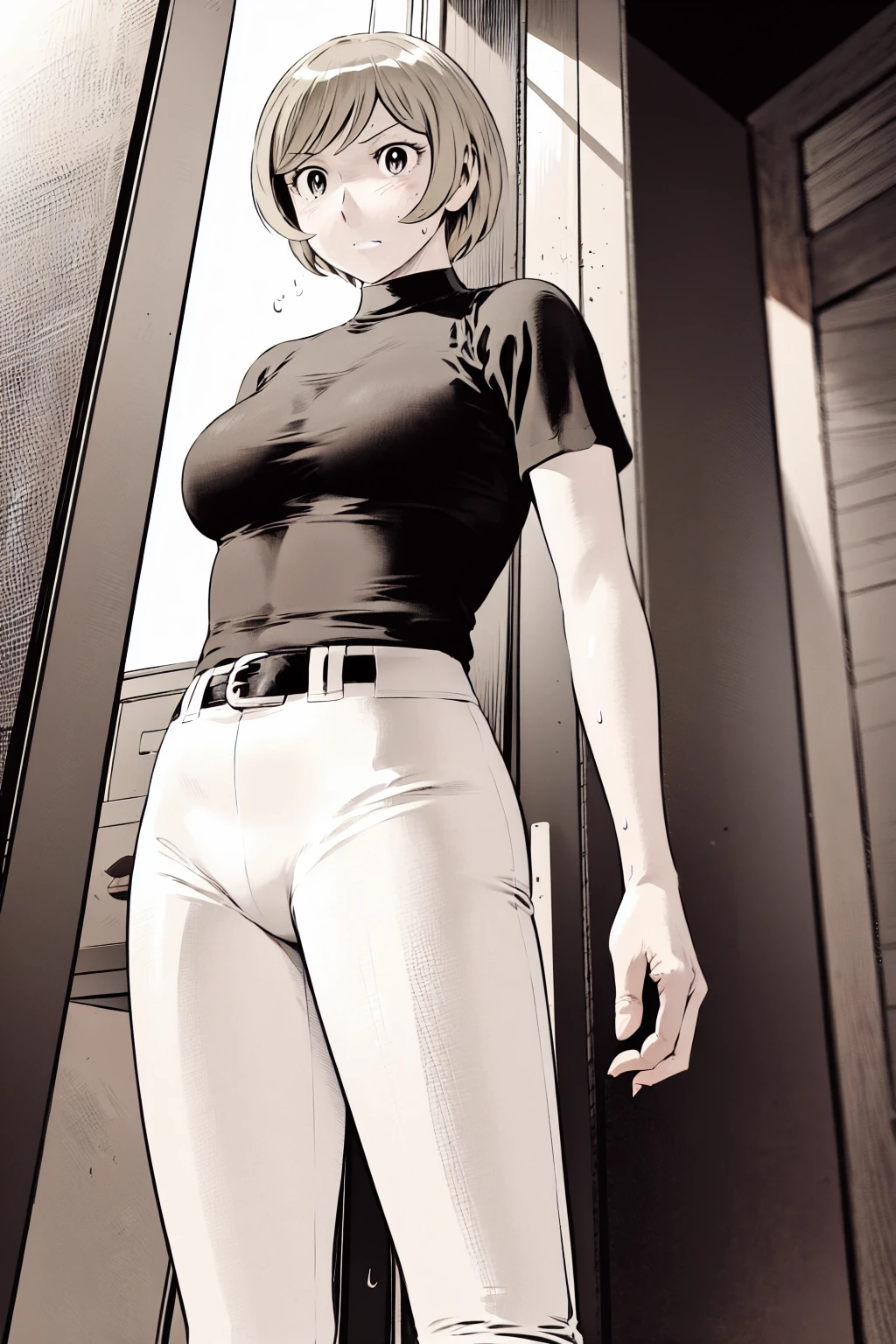 、(masterpiece、Highest quality)、Highest quality, Ultra-high resolution, (((masterpiece))), alone, Sweat、Big eyes,Tight black shirt、Tight white pants、belt、indoor、Composition from the front、(Cut the back hair short、short hair、blonde、woman)、Shortcuts、Embarrassed face、Cut your hair short、可愛いwomanの子、Big Breasts、Inside the room、Full Color、Baseball uniform