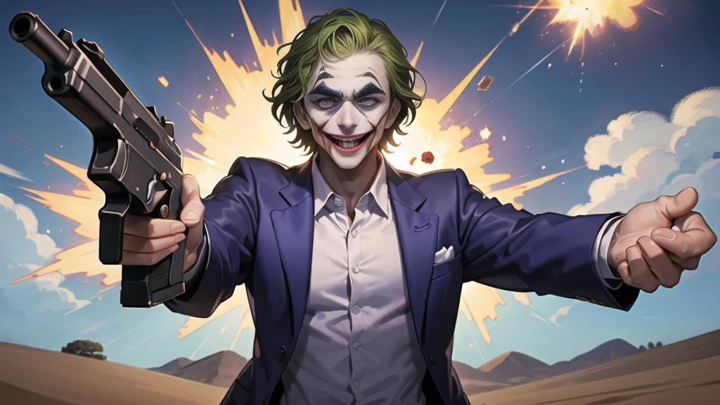 Masterpiece, best quality, The Joker wears a purple suit., , look at viewer, Aim the gun., ถือpistol, look at viewer, stand, , ((pistol)),((Aim the gun.ไปที่ผู้ชม)),gun possession, desert, Laugh and laugh ,explosion from gun