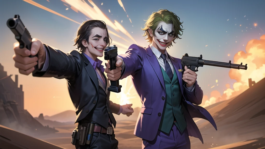 Masterpiece, best quality, The Joker wears a purple suit., , look at viewer, Aim the gun., ถือpistol, look at viewer, stand, , ((pistol)),((Aim the gun.ไปที่ผู้ชม)),gun possession, desert, Laugh and laugh ,explosion from gun
