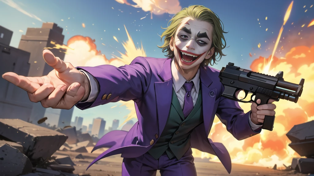 Masterpiece, best quality, The Joker wears a purple suit., , look at viewer, Aim the gun., ถือpistol, look at viewer, stand, , ((pistol)),((Aim the gun.ไปที่ผู้ชม)),gun possession, desert, Laugh and laugh ,explosion from gun