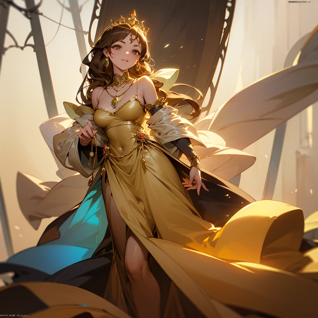 high resolution、Princess of the Topaz Kingdom。Neat and clean、There is an air of adult elegance、A tiara of topaz jewels、Gorgeous topaz necklace、Gorgeous golden dress、Fantasy、like medieval europe。All-gold image