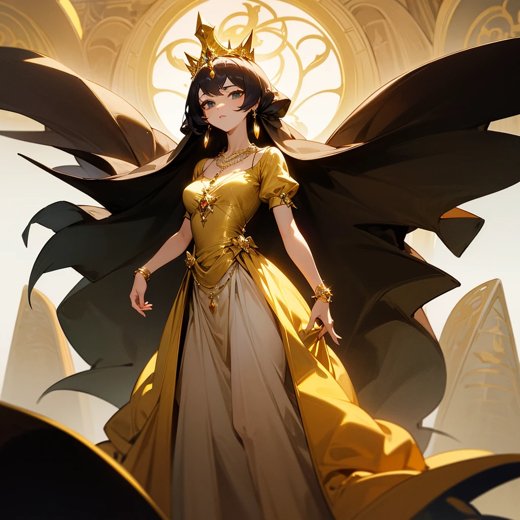 high resolution、Princess of the Topaz Kingdom。Neat and clean、There is an air of adult elegance、A tiara of topaz jewels、Gorgeous topaz necklace、Gorgeous golden dress、Fantasy、like medieval europe。All-gold image