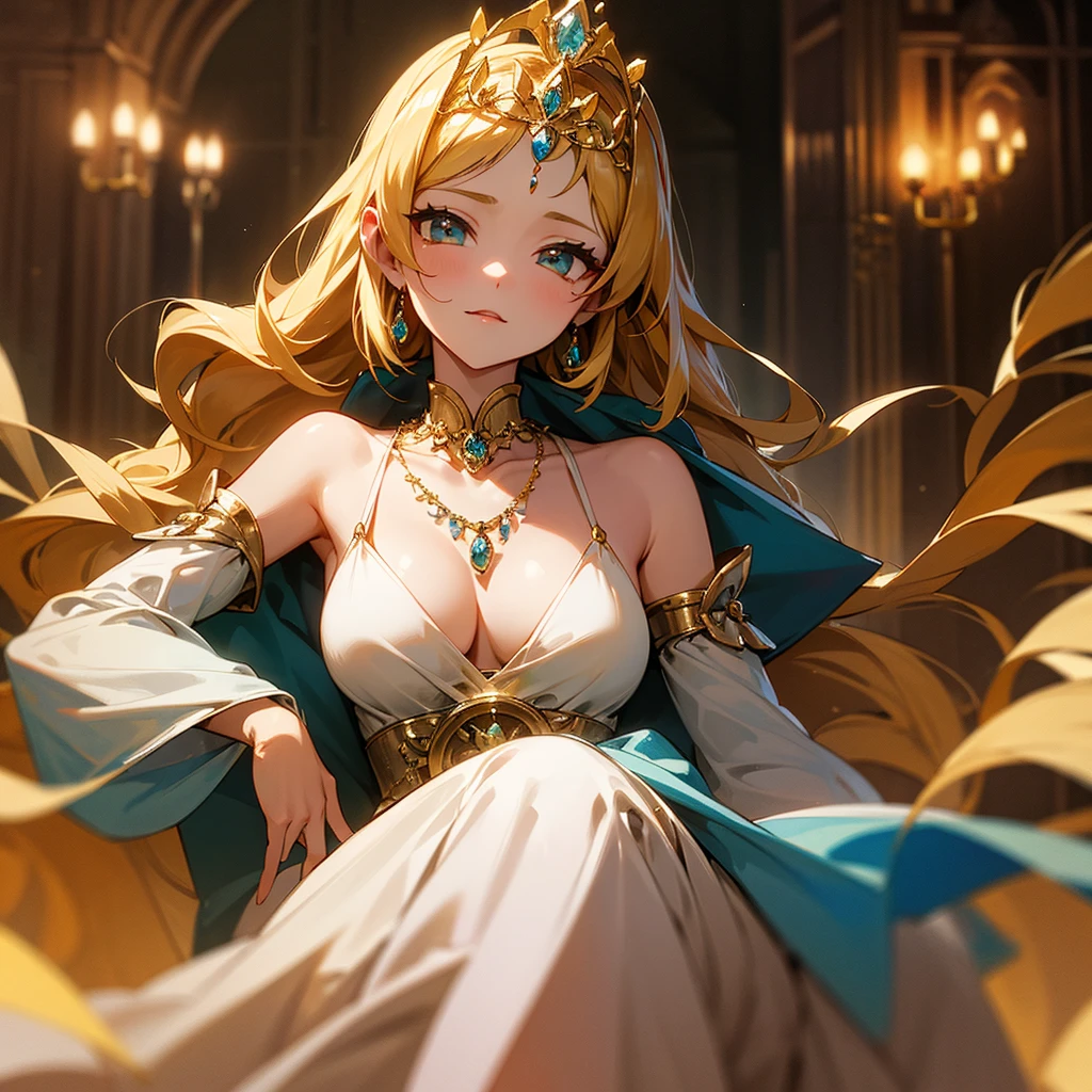 high resolution、Princess of the Topaz Kingdom。Neat and clean、There is an air of adult elegance、A tiara of topaz jewels、Gorgeous topaz necklace、Gorgeous golden dress、Fantasy、like medieval europe。All-gold image