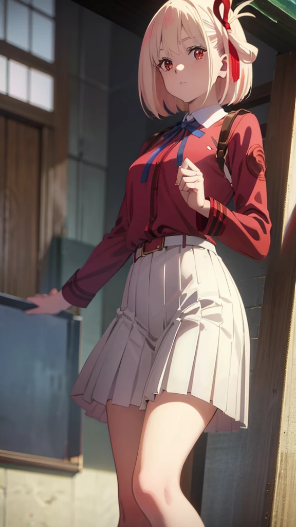 chisatonishikigi, nishikigi chisato, short hair, bangs, blonde hair, (red eyes:1.5), hair ribbon, one side up, bob cut,
BREAK shirt, long sleeves, dress, ribbon, white shirt, collared shirt, belt, neck ribbon, red dress, blue ribbon, pleated dress, grey dress, two-tone dress, red belt, lycoris uniform,,
BREAK outdoors, city,
BREAK looking at viewer, BREAK (masterpiece:1.2), best quality, high resolution, unity 8k wallpaper, (illustration:0.8), (beautiful detailed eyes:1.6), extremely detailed face, perfect lighting, extremely detailed CG, (perfect hands, perfect ???????),