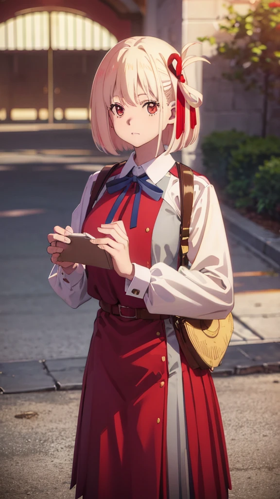 chisatonishikigi, nishikigi chisato, short hair, bangs, blonde hair, (red eyes:1.5), hair ribbon, one side up, bob cut,
BREAK shirt, long sleeves, dress, ribbon, white shirt, collared shirt, belt, neck ribbon, red dress, blue ribbon, pleated dress, grey dress, two-tone dress, red belt, lycoris uniform,,
BREAK outdoors, city,
BREAK looking at viewer, BREAK (masterpiece:1.2), best quality, high resolution, unity 8k wallpaper, (illustration:0.8), (beautiful detailed eyes:1.6), extremely detailed face, perfect lighting, extremely detailed CG, (perfect hands, perfect anatomy),