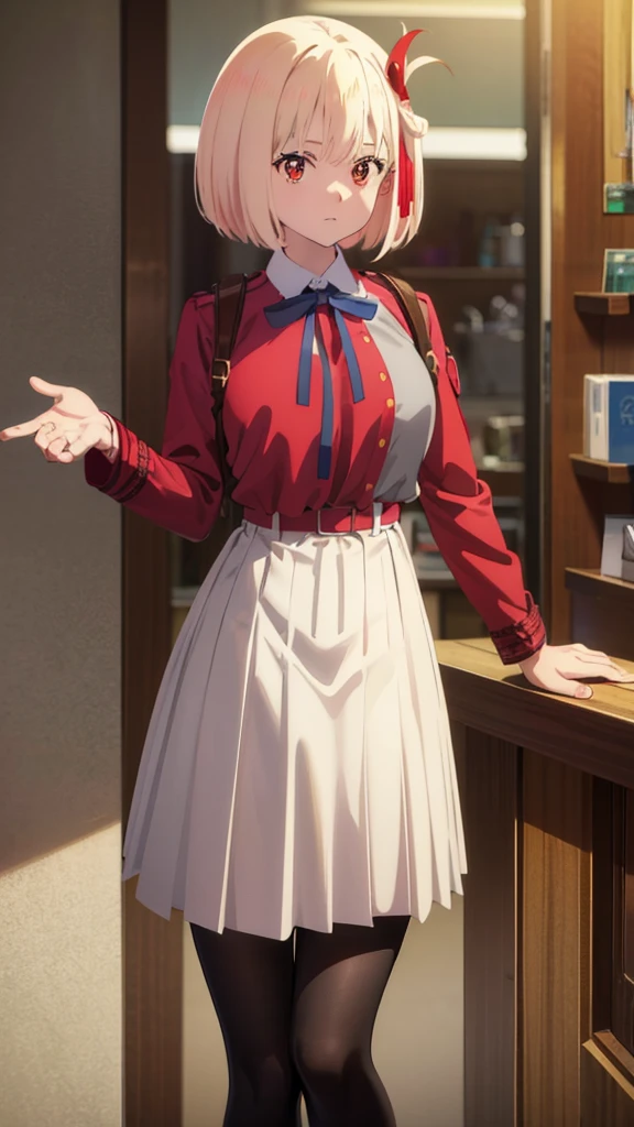 chisatonishikigi, nishikigi chisato, short hair, bangs, blonde hair, (red eyes:1.5), hair ribbon, one side up, bob cut,
BREAK shirt, long sleeves, dress, ribbon, white shirt, collared shirt, belt, neck ribbon, red dress, blue ribbon, pleated dress, grey dress, two-tone dress, red belt, lycoris uniform,,
BREAK outdoors, city,
BREAK looking at viewer, BREAK (masterpiece:1.2), best quality, high resolution, unity 8k wallpaper, (illustration:0.8), (beautiful detailed eyes:1.6), extremely detailed face, perfect lighting, extremely detailed CG, (perfect hands, perfect anatomy),