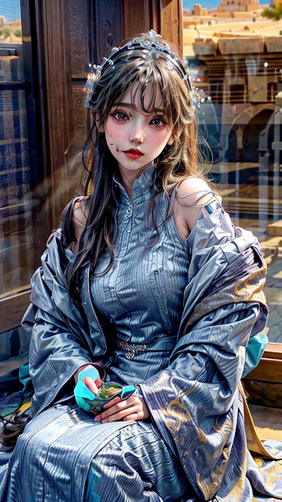 a desert princess, meeting with a foreign diplomatic mission, beautiful detailed eyes, beautiful detailed lips, extremely detailed eyes and face, long eyelashes, ornate headdress, flowing robes, desert landscape, oasis, pyramids, dramatic lighting, vibrant colors, (best quality,4k,8k,highres,masterpiece:1.2),ultra-detailed,(realistic,photorealistic,photo-realistic:1.37),concept art