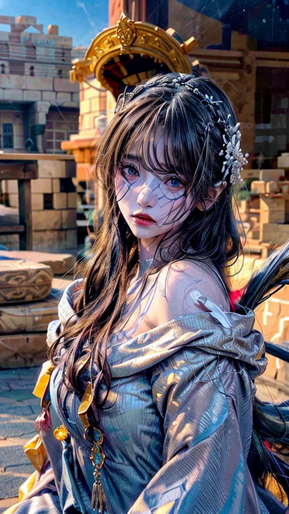 a desert princess, meeting with a foreign diplomatic mission, beautiful detailed eyes, beautiful detailed lips, extremely detailed eyes and face, long eyelashes, ornate headdress, flowing robes, desert landscape, oasis, pyramids, dramatic lighting, vibrant colors, (best quality,4k,8k,highres,masterpiece:1.2),ultra-detailed,(realistic,photorealistic,photo-realistic:1.37),concept art