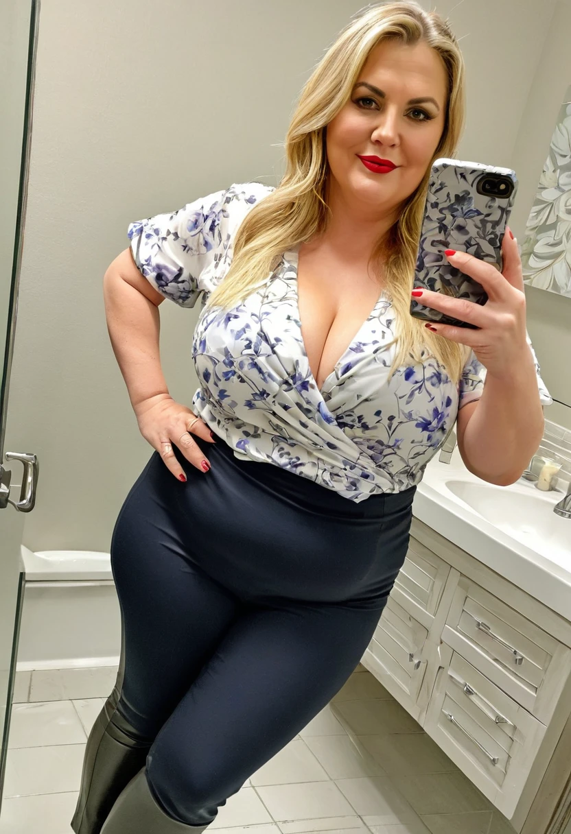 Fat woman, 40 years old white Caucasian woman, bathroom, selfie, long straight blonde hair, cleavage, fancy dressed, big hips, thick thighs, make-up, lipstick, shirt and pants, no bra underneath