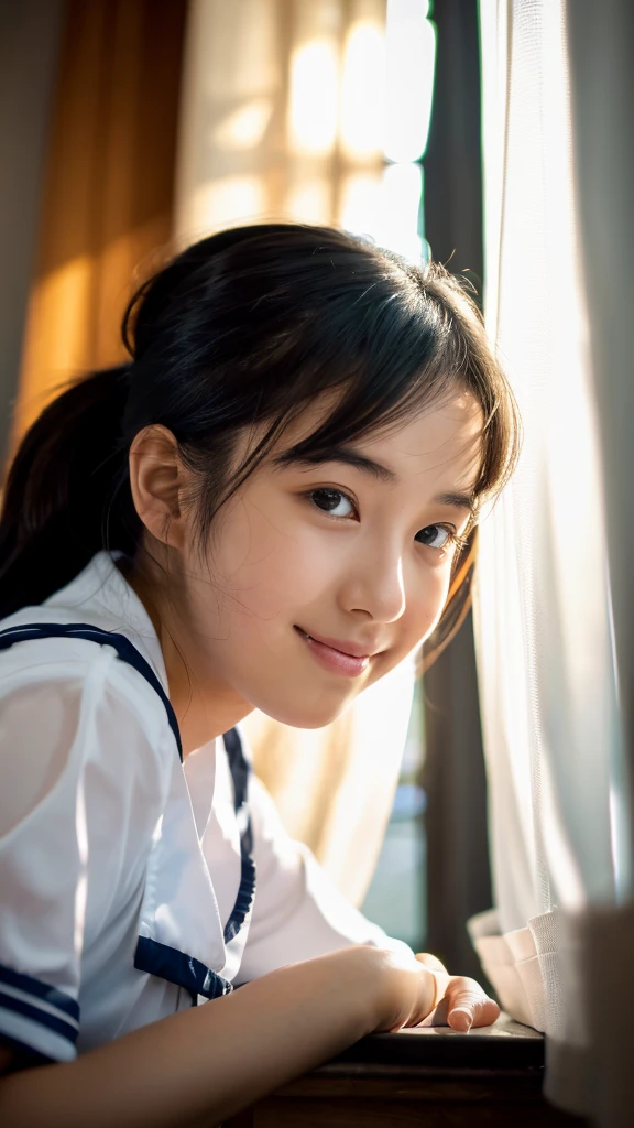 (Highest quality,masterpiece:1.3,Ultra-high resolution),(Very detailed,Caustics,8K),(Realistic:1.4,RAW shooting),(School classroom),(Girl resting her chin on the desk),Sit on a chair,18-year-old,cute,Japanese,Looking into the camera,Black hair ponytail,Sailor suit,(The light coming in from the window illuminates the girl:1.1),(Curtains swaying in the wind),(Bust up shot),(Face Focus),(Face close-up),Low position,Low Angle,Natural light,Smile,