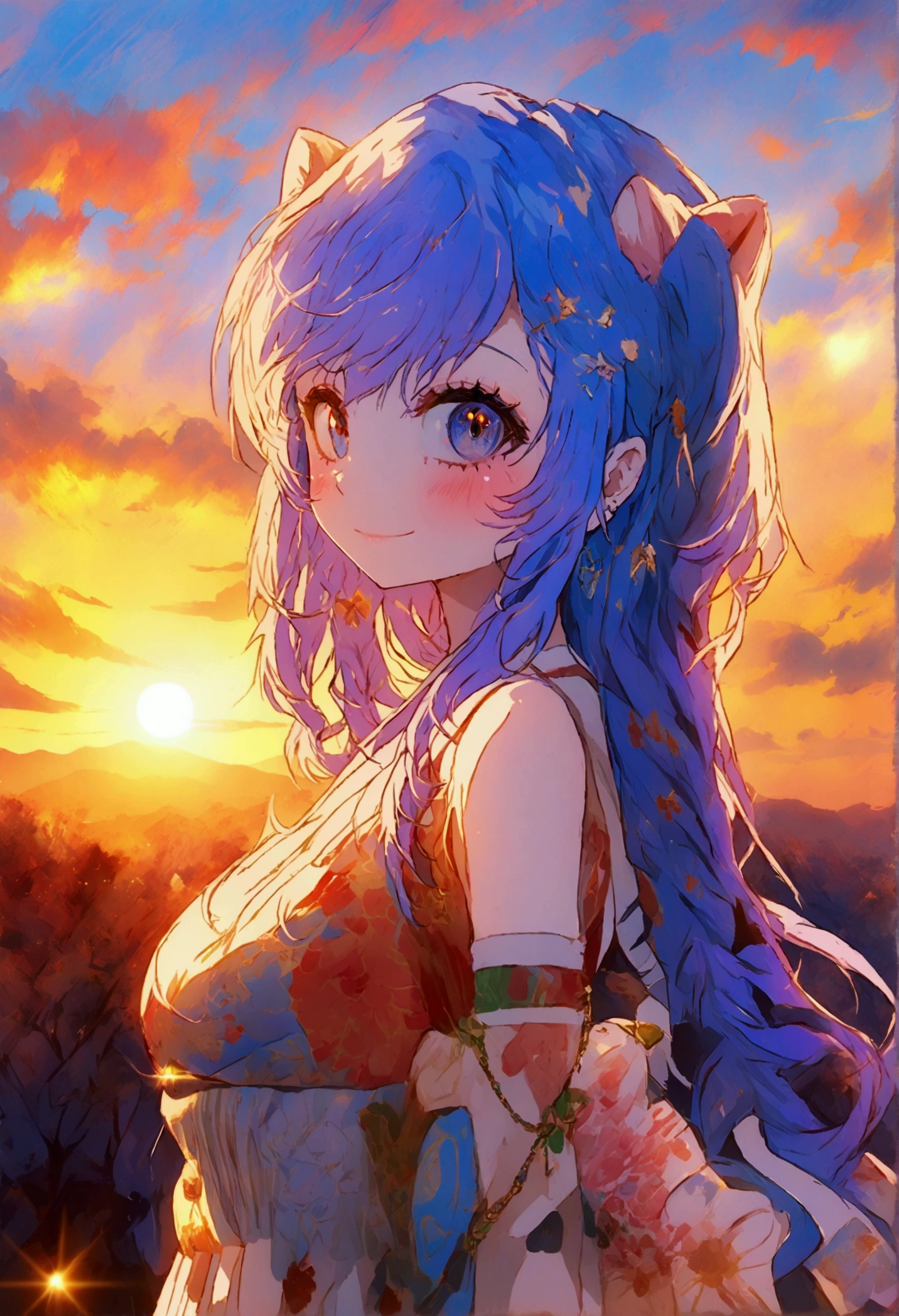 Anime girl with long purple hair and pink gloves, Anime Girl, Marin Kitagawa Fan Art, (Anime Girl), Anime Moe Art Style, Anime Style, Anime Best Girl, Anime !!!!!!!!!!!!!!!, Zero Chan Art, Anime Girl, Cute Anime Style, Anime Art Style, Cute Anime Girl [Guess no Ko], Yokoyari Mengo, Idol Singer, Blue Sky, Sunset