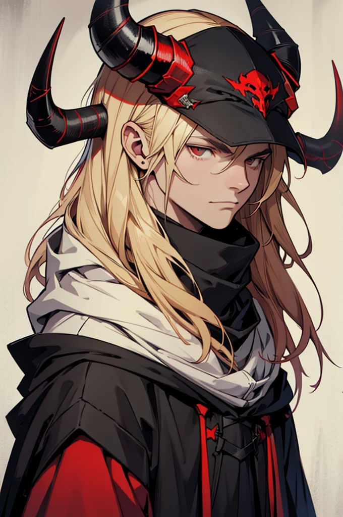 man, small red horns, black eyes, imposing face, blond hair, with black cloak with hood on his head