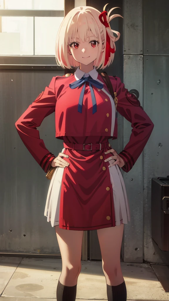 (art by hews:0.8), cowboy shot, solo, 1girl, nishikigi chisato, smile, looking at viewer, hands on hips, bob cut, hair ribbon, lycoris uniform, two-tone dress, red dress, grey dress, neck ribbon, long sleeves