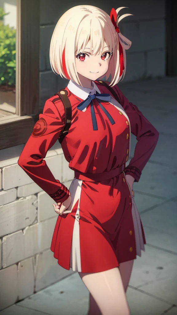 (art by hews:0.8), cowboy shot, solo, 1girl, nishikigi chisato, smile, looking at viewer, hands on hips, bob cut, hair ribbon, lycoris uniform, two-tone dress, red dress, grey dress, neck ribbon, long sleeves 