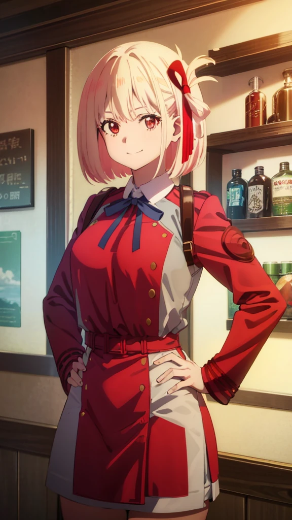 (art by hews:0.8), cowboy shot, solo, 1girl, nishikigi chisato, smile, looking at viewer, hands on hips, bob cut, hair ribbon, lycoris uniform, two-tone dress, red dress, grey dress, neck ribbon, long sleeves 
