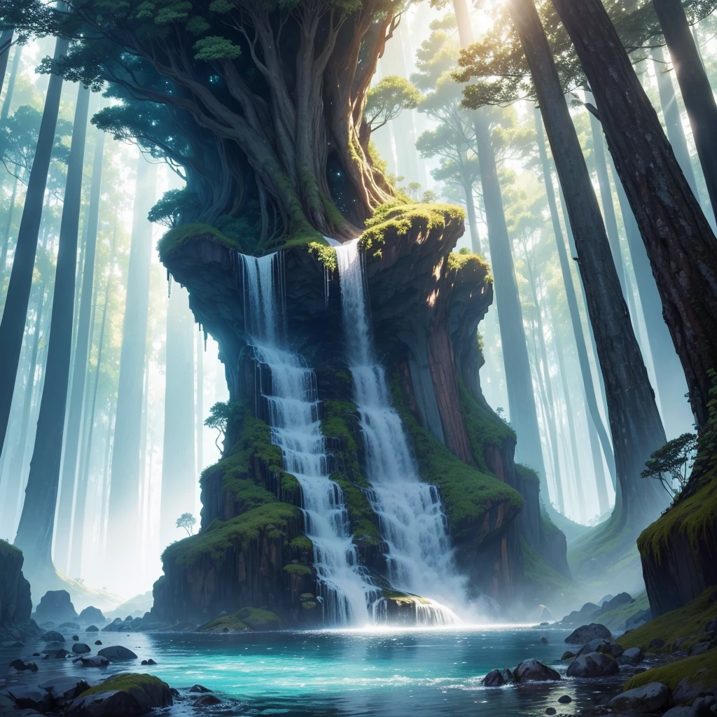 mysteriousな超巨大なトンネルの中に森がある,There is a huge tree,Different world,The sunlight from the sun shines on the earth,Colorful,Best Quality,8K,mysterious,Fantasy,Different space,There is a super huge waterfall,There are many different creatures,Nature,romantic,A world beyond imagination,Dream world,universe,Huge river,masterpiece,最高masterpiece,perfection,