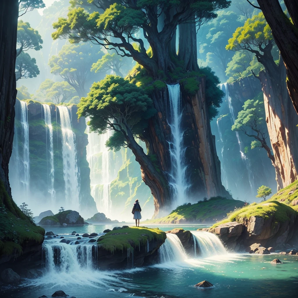 mysteriousな超巨大なトンネルの中に森がある,There is a huge tree,Different world,The sunlight from the sun shines on the earth,Colorful,Best Quality,8K,mysterious,Fantasy,Different space,There is a super huge waterfall,There are many different creatures,Nature,romantic,A world beyond imagination,Dream world,universe,Huge river,masterpiece,最高masterpiece,perfection,