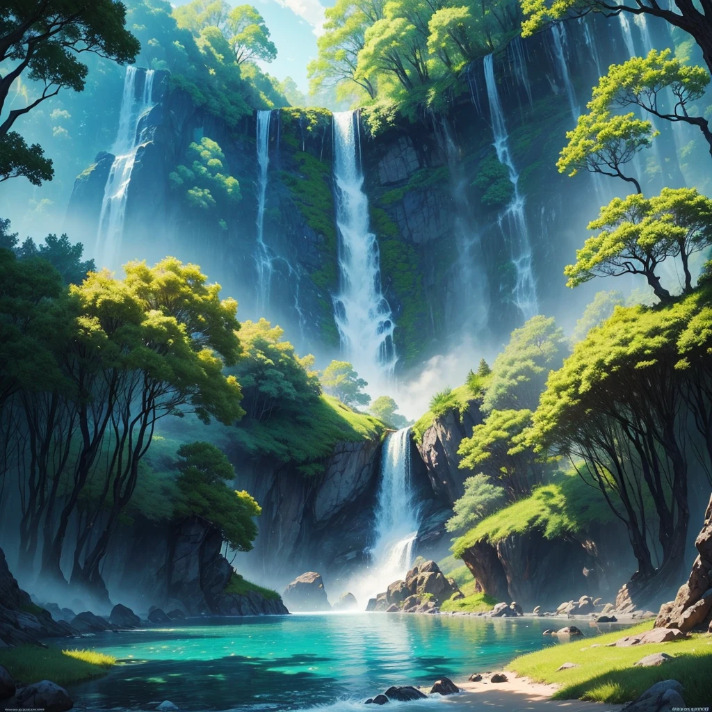 mysteriousな超巨大なトンネルの中に森がある,There is a huge tree,Different world,The sunlight from the sun shines on the earth,Colorful,Best Quality,8K,mysterious,Fantasy,Different space,There is a super huge waterfall,There are many different creatures,Nature,romantic,A world beyond imagination,Dream world,universe,Huge river,masterpiece,最高masterpiece,perfection,