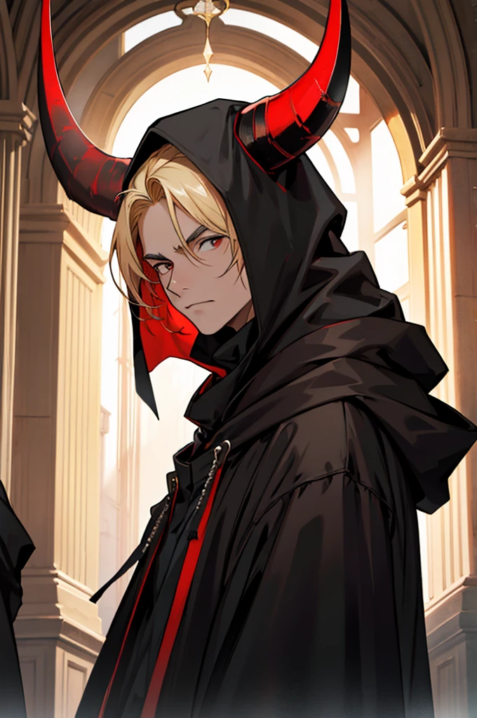 man, small red horns, black eyes, imposing face, blond hair, with black cloak with hood on his head