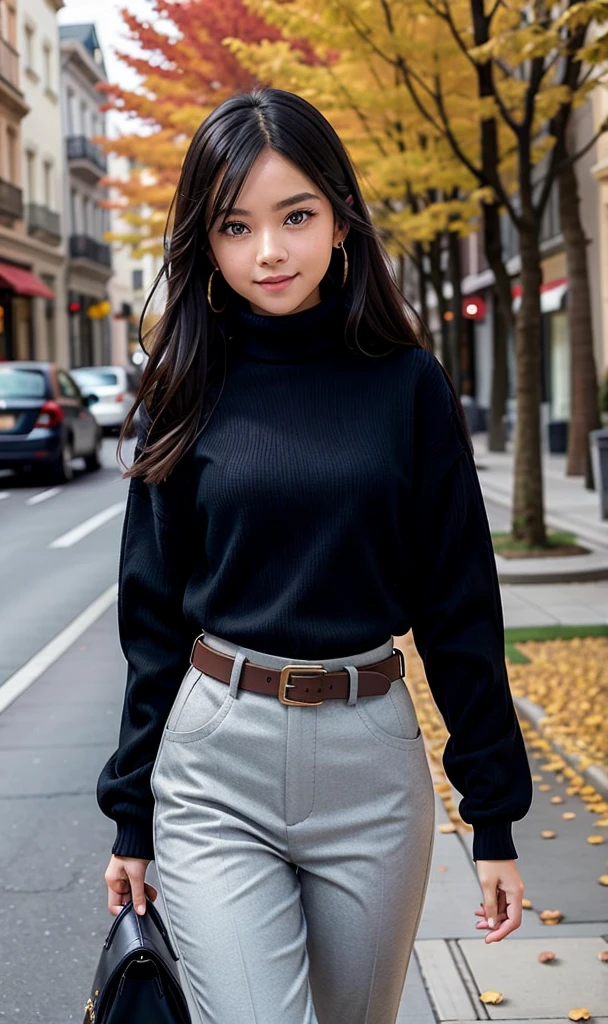 1man, full body, skinny,
black hair, blue eyes, white ribbon,
walking, light smile, looking at viewer,
city, town square, autumn, trees,
((Hasselblad photography)), finely detailed skin, sharp focus, (cinematic lighting), soft lighting, dynamic angle, 
VirtualGirl-Ren, flat-chested, male chest,
flat chested, (flat chest:1.2), 
dark academia, outfits, belt, boots, pants, long_sleeves, jacket, bag, sweater, sleeves_past_wrists, turtleneck, brown_footwear, phone, holding_phone, black_belt, hand_in_pocket, brown_jacket, turtleneck_sweater, grey_pants, brown_sweater,