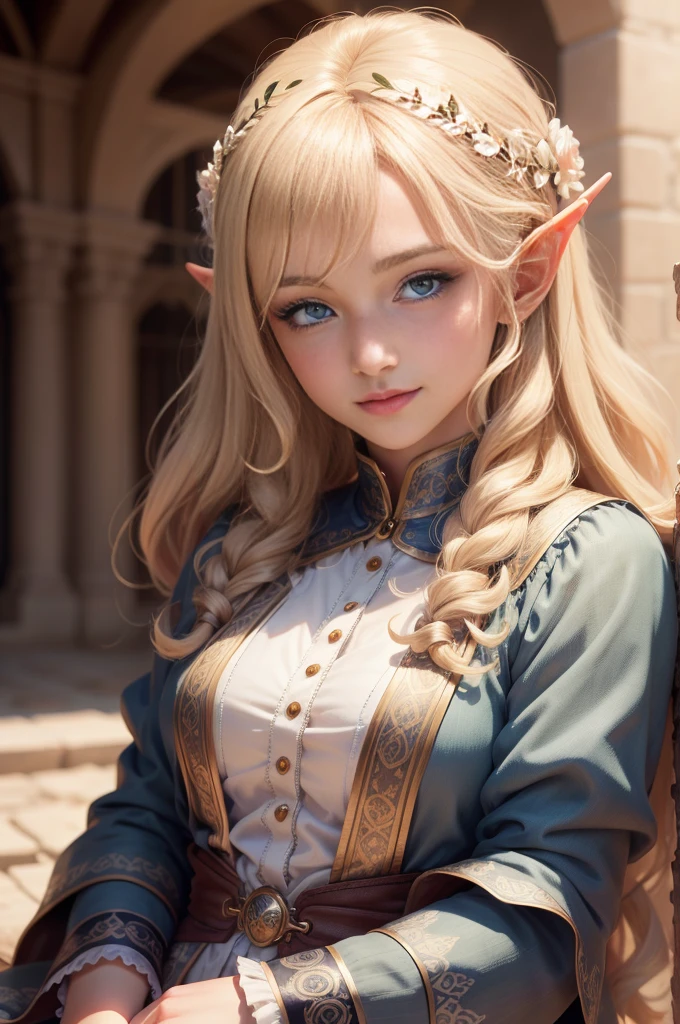 ((hyper-realistic, photorealistic, 8k, intricate details)), masterpiece, beautiful face of a teenage blonde elf girl, with blue eyes, curly hair, with small freckles on her face, smiling beautifully.