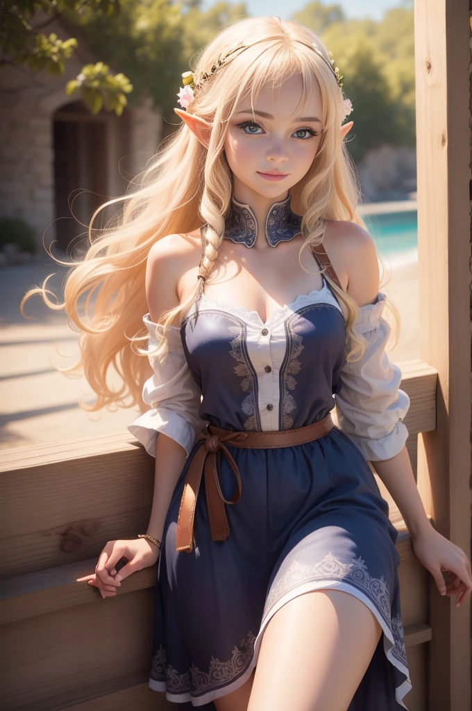 ((hyper-realistic, photorealistic, 8k, intricate details)), masterpiece, beautiful face of a teenage blonde elf girl, with blue eyes, curly hair, with small freckles on her face, smiling beautifully.
