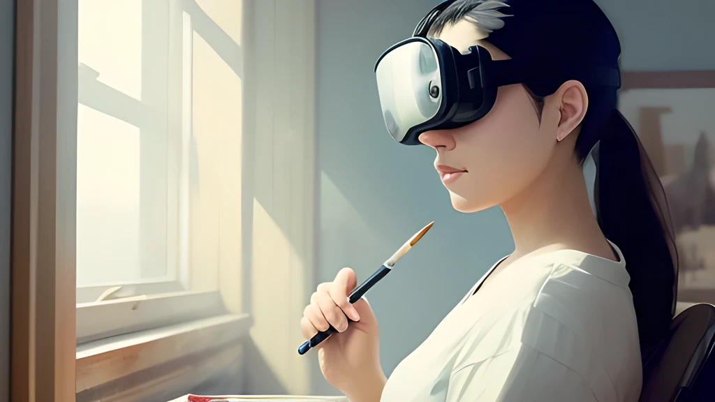 a beautiful woman, she is painting, oil painting by Ed Blinkey, Atey Ghailan, Studio Ghibli, by Jeremy Mann, Greg Manchess, Antonio Moro, trending on ArtStation, trending on CGSociety, Intricate, High Detail, Sharp focus, photorealistic painting style by midjourney and greg rutkowski,
art by SEL-FOC, with VR Glasses, fix error hand, fix error finger