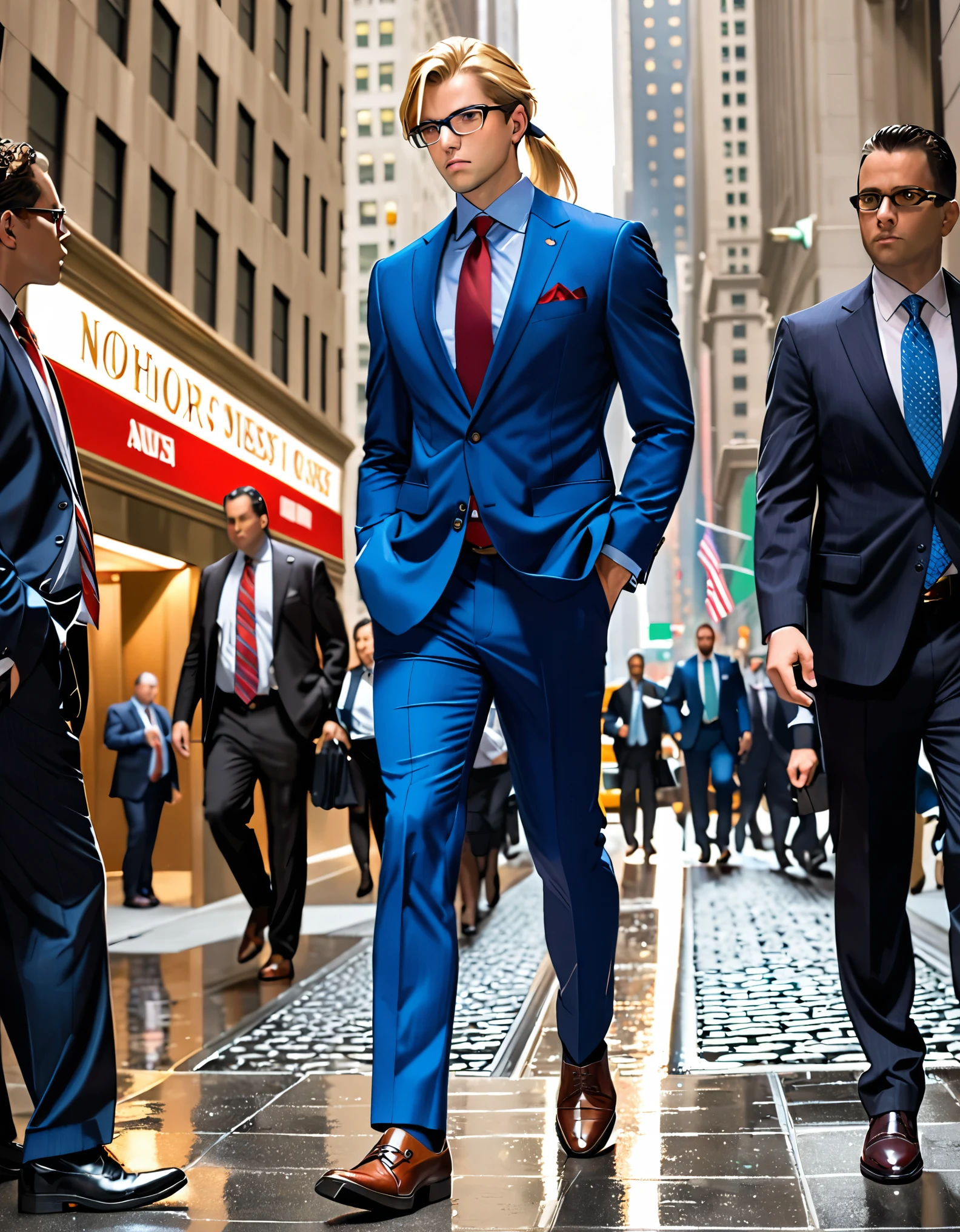 (masterpiece), (best quality), (hires), 1male, male focus, solo, solo focus, blonde hair, hazel eyes, formal, full body, long hair, male focus, red necktie, blue pants, serious, shoes, solo, blue suit, ponytail, new york backdrop, wall street, indoors, stock market, accountant, mobster, (glasses), busy atmosphere, cowboy shot